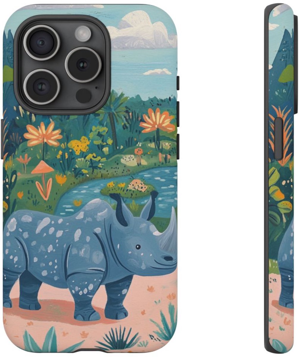 Blauwe Neushoorn Illustratie – Telefoonhoesje Geschikt voor iPhone 15 Pro