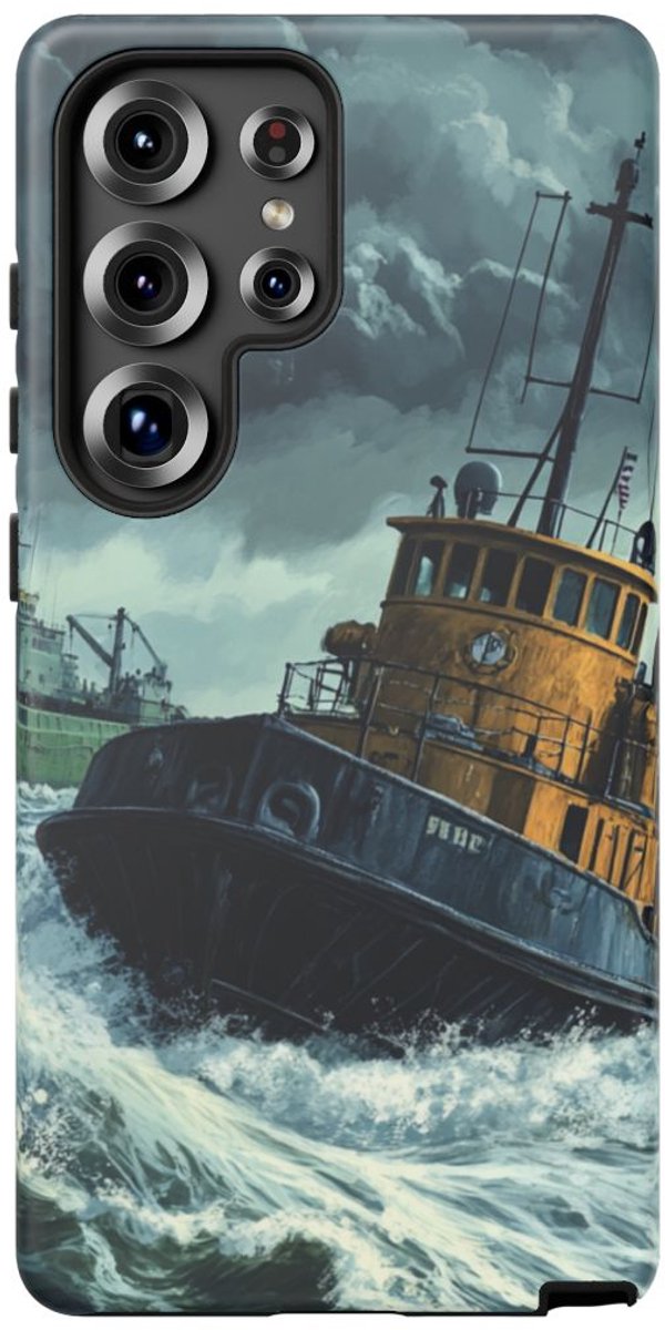 Sleepboot met Vrachtschip in Woeste Zee – Telefoonhoesje Geschikt voor Galaxy S25 Ultra