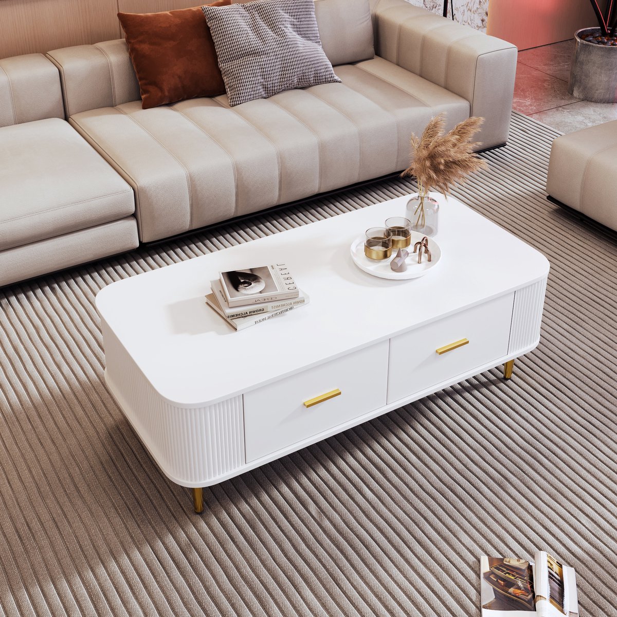 Pugsdrly Salontafel met lades, afgeronde hoeken, salontafel met golvende zijkanten, gouden handgrepen en poten, bijzettafel Wit