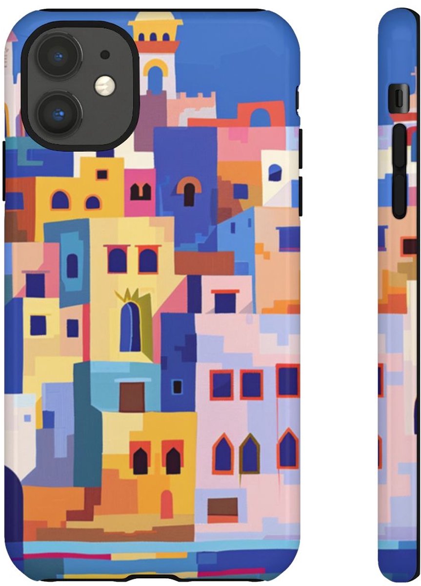 Kleurrijke Illustratie van een Kuststad – Telefoonhoesje Geschikt voor iPhone 11