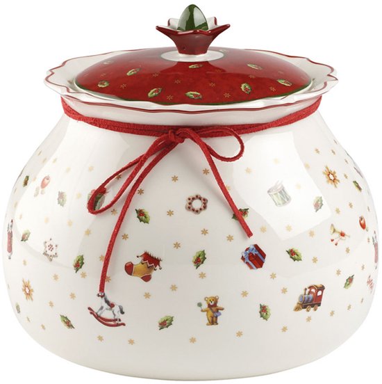 Witte pot met rode deksel, versierd met kerstfiguurtjes zoals een hobbelpaard, teddybeer en cadeautjes.
