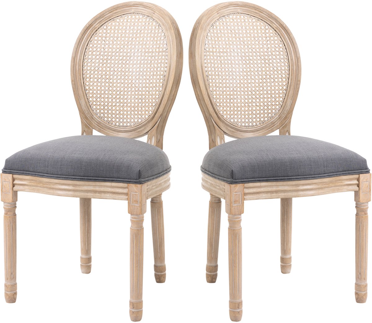 Homcom eetkamerstoel met polyrattan rugleuning, set van 2 - Keukenstoel, eetstoel - Grijs