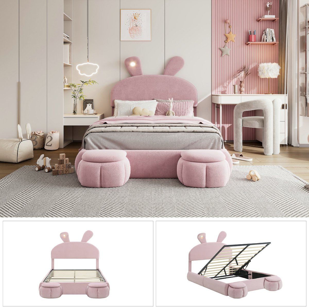 Kinderbed 140x200 cm - Konijnenoren met warm licht stroken en 2 opbergkrukken - Fluweel - Roze(Matras niet inbegrepen)