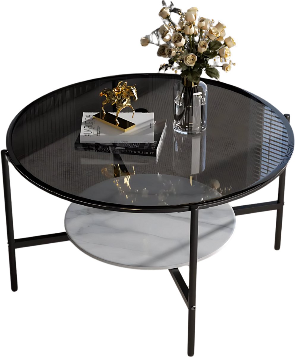 Happiq Salontafel Mira - 2-Lagen Glazen Design - Grijs - Glanzend Tafelblad & Leistenen Onderplank - Moderne Luxe Thee- & Bijzettafel voor Woonkamer