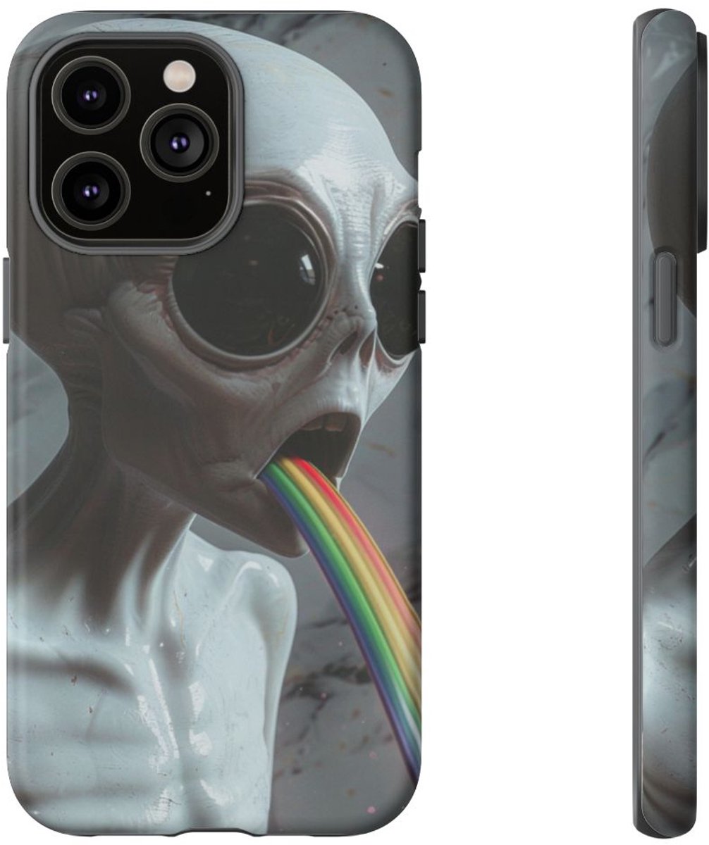 Grijze Alien met Regenboogstraal – Telefoonhoesje Geschikt voor iPhone 14 Pro Max