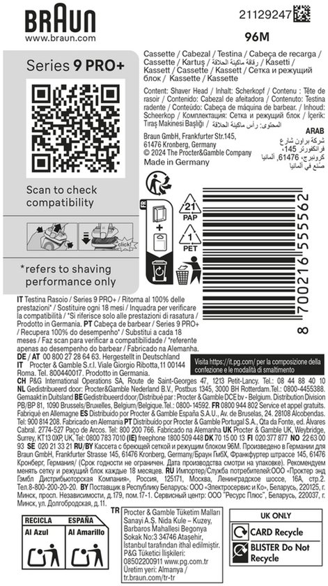 Arrière de l'emballage Braun Series 9 PRO+ avec code-barres et informations produit.