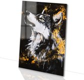 Loup noir et blanc à reflets dorés - Peinture sur verre représentant un loup - Décoration murale animalière en verre - Expressionnisme - Art sur acrylique - Décoration murale pour chambre d'enfant - Verre acrylique 70 x 105 cm