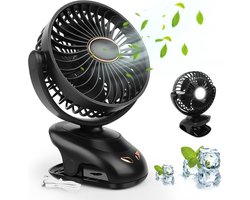 3 in 1 - Miniventilator - USB - Met clip - Kleine ventilator - Met licht - LED-display - 5 snelheden - Verstelbare windsnelheid - 90 graden rotatie, oplaadbaar, stil, geschikt voor thuis, kantoor, buiten (zwart)