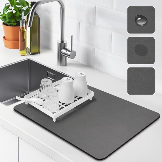 Afdruipmat voor servies, waterabsorberende kiezelgoer, mat voor keuken, 60 x 40 cm, afdruipmat van kiezelgoer, hittebestendige afdruipmat, gootsteen, spoelmat, sneldrogend, voor keuken (40 x 30 cm