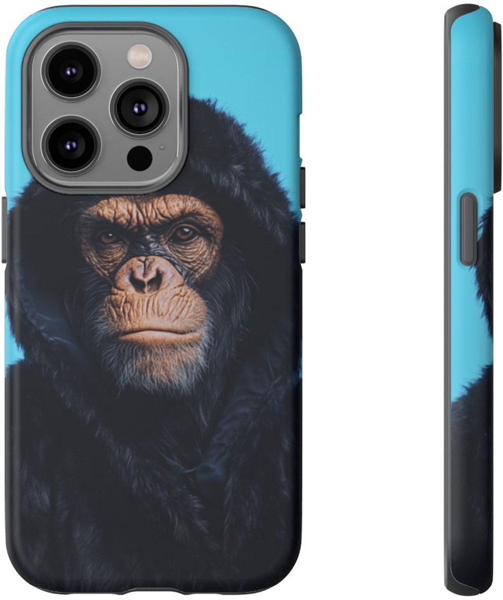 Aap met Zwarte Bontcapuchon – Telefoonhoesje Geschikt voor iPhone 14 Pro