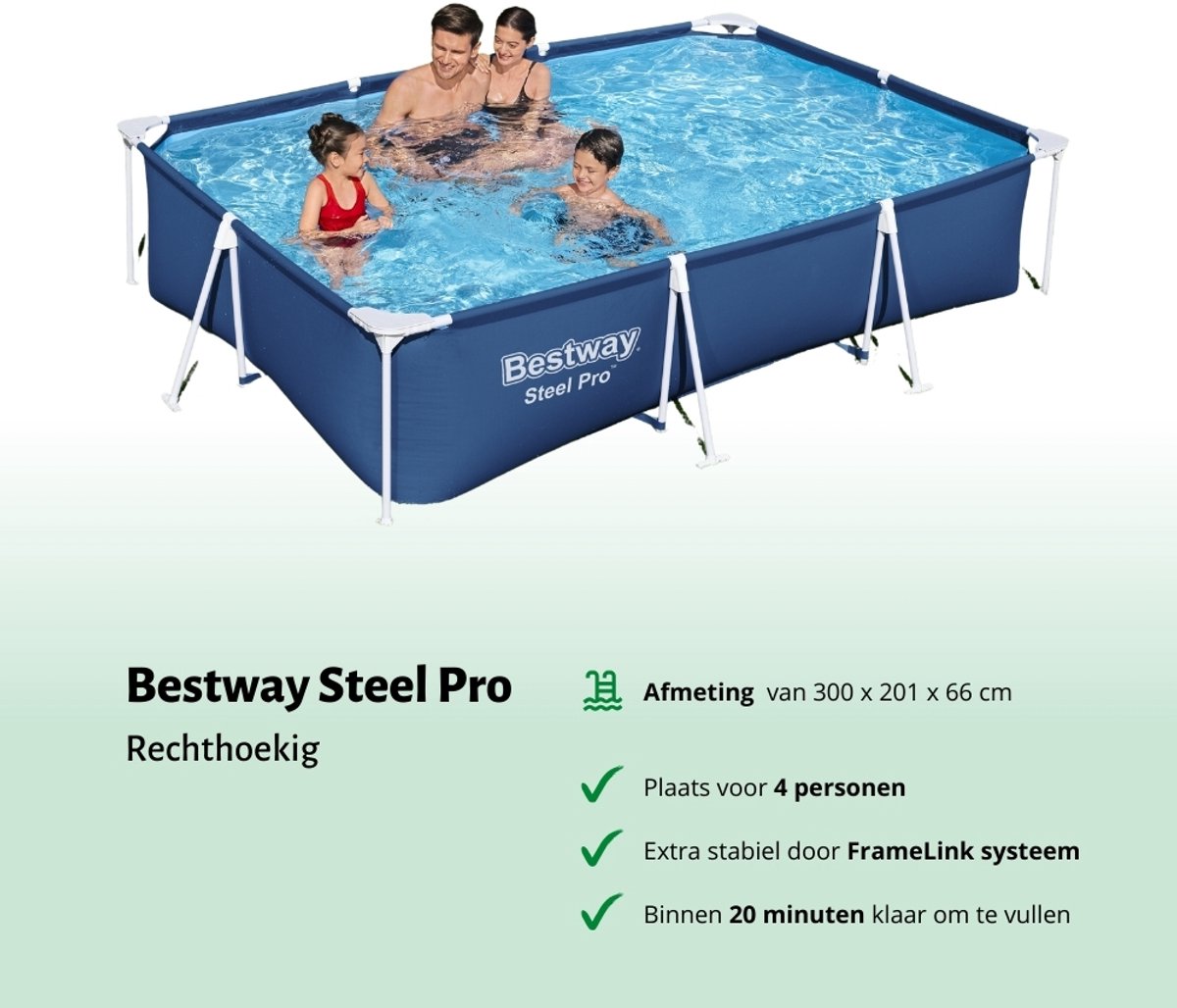 Bestway Zwembad - Opzetzwembad - Rechthoekig - 300 x 201 x 66 cm - Blauw - Inclusief Pomp - Filter - Chloorpakket - Onderzeil - Afdekzeil - Schoonmaakset – foto 2