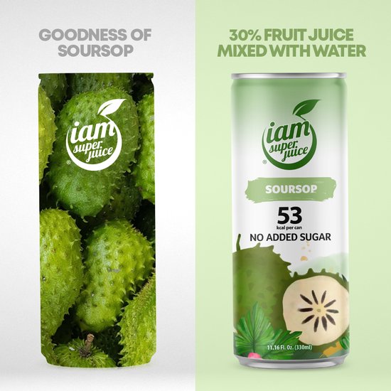Collage van soursop vruchten en een blikje 'iam super juice' Soursop fruit drink met 53 kcal per blikje en geen toegevoegde suiker.