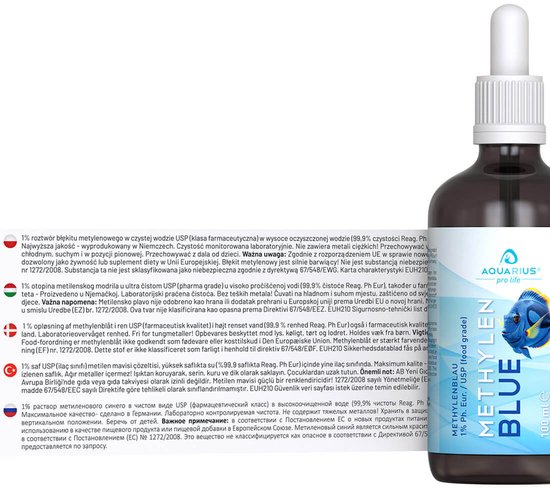 Flesje met donkerbruine vloeistof en druppelaar dop. Een blauw-gele vis op een lichtblauwe achtergrond staat naast de tekst "METHYLEN BLUE 100 ml".