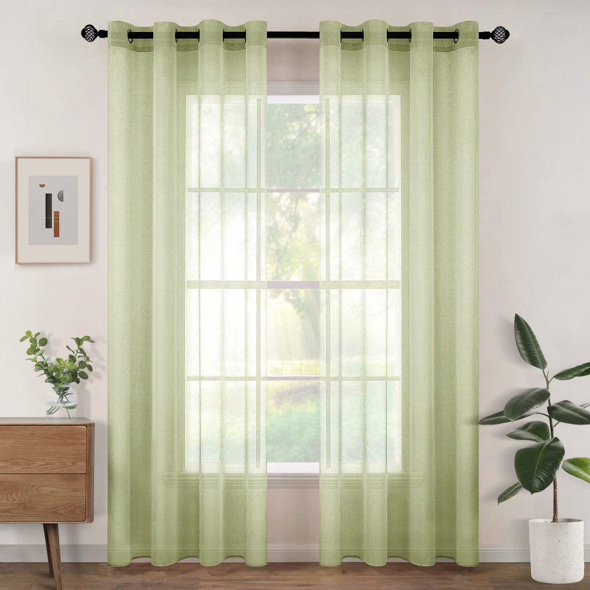 Ibenzoa Transparante Voile Gordijnen met Ingestanste Ringen voor Slaapkamer en Woonkamer, Set van 2, 140 x 215 cm groen