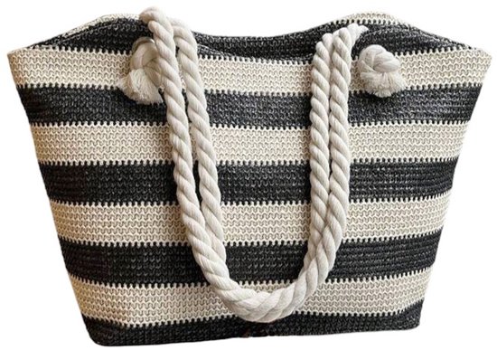 Raffia Shopper - Streep Zwart | 40 x 27 x 10 cm | Polyester | Strandtas/Shopper | Fashion Favorite