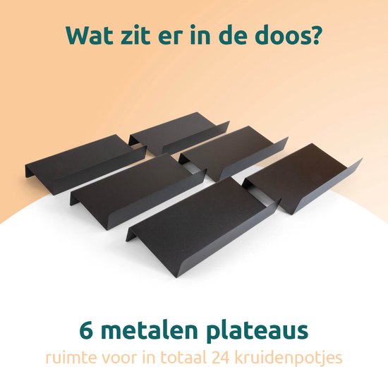 Zes zwarte metalen plateaus, gerangschikt in twee rijen van drie, met de tekst '6 metalen plateaus' erbij.