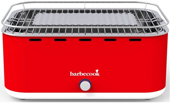 Rode Barbecook tafel BBQ met witte onderrand en zilverkleurig grillrooster.