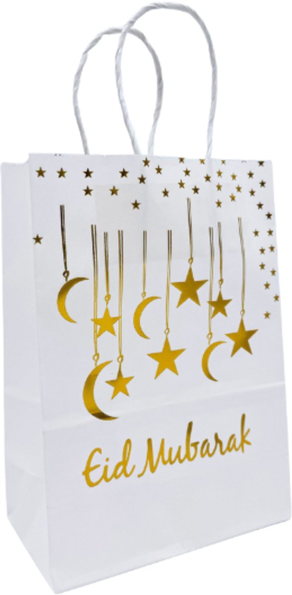 Cadeautasjes Eid Mubarak - Wit & Goud - 15x8x21cm - 6 stuks