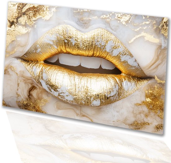 Gouden lippen met marmer effect - Lippen glas schilderijen - Wandkunst lichaamsdeel - Hyperrealisme - Kunst op acrylglas - Kantoor accessoires - acrylglas 90x60 cm