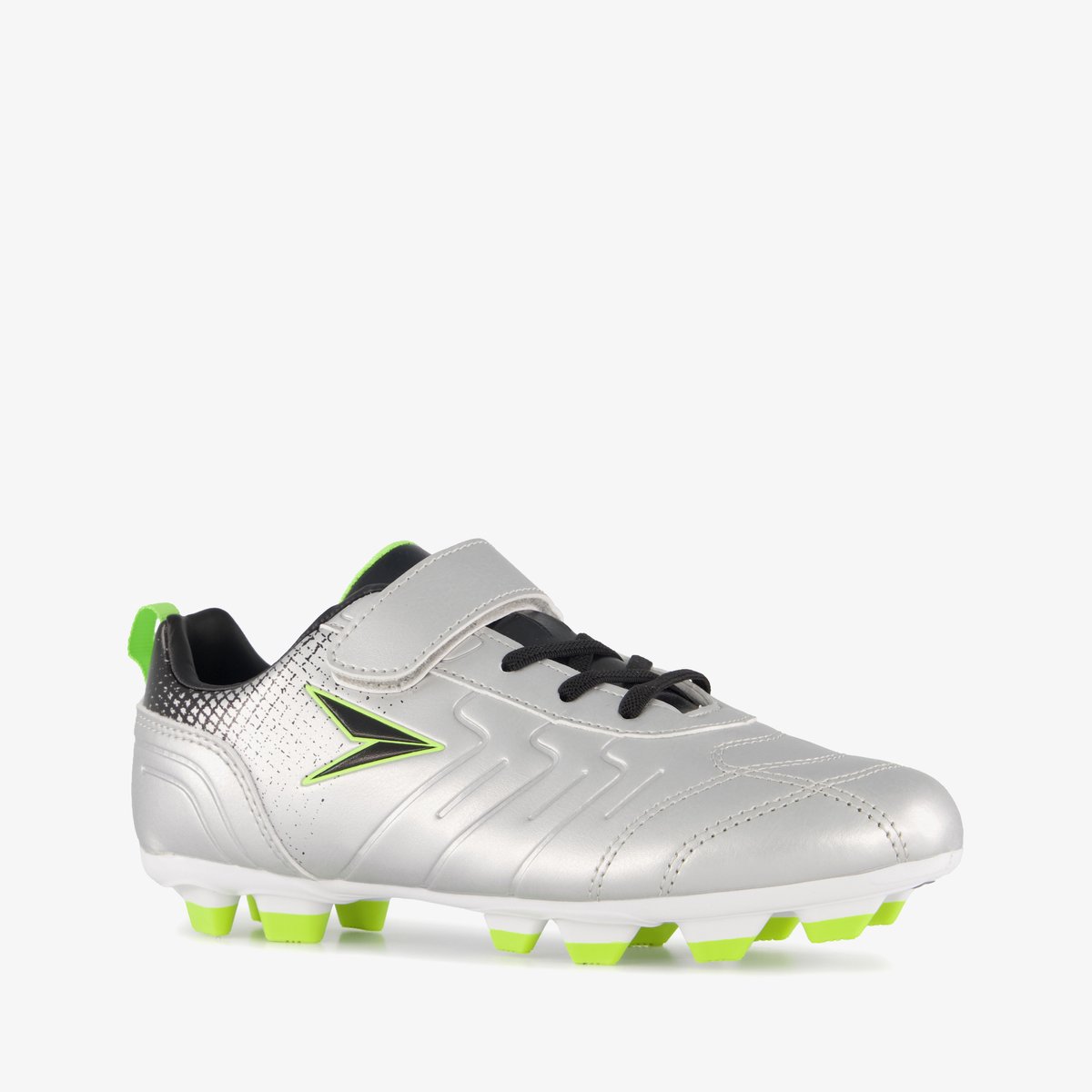 Zilverkleurige Dutchy Top-Spin voetbalschoenen voor kinderen, maat 31, met uitneembare zool en rubberen FG zool voor grip.