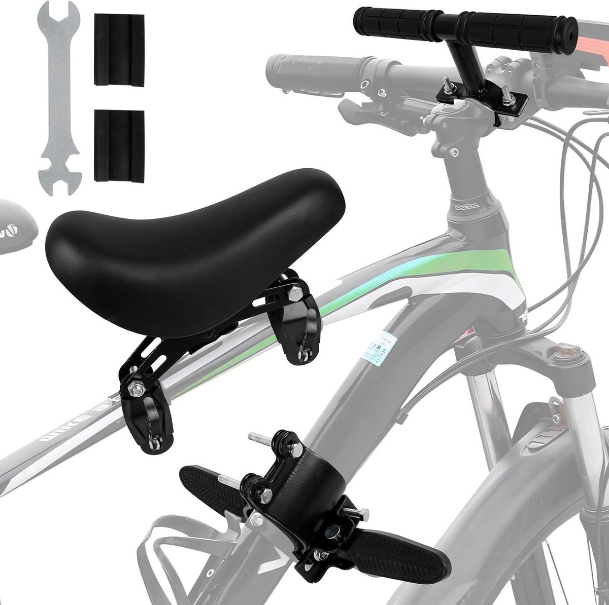 Allecto Plus - Kinderfietszitje voor voorliggend fietszadel in het zwart - Veilig en comfortabel fietszitje met montage gemak