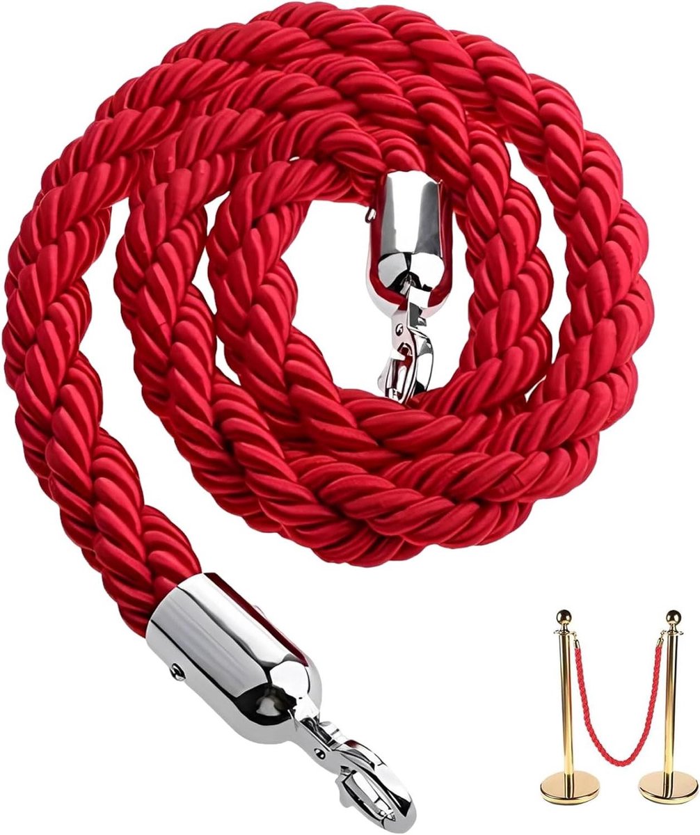 Allecto Plus - Rood Afsluitkoord 15m Nylon Koord voor Wachtrijen - Geleidingssysteem Leuningkabel - Trekkoord met Haken - Vergrendeling Zilver - Geschikt voor Personen - Evenementen en Beveiliging