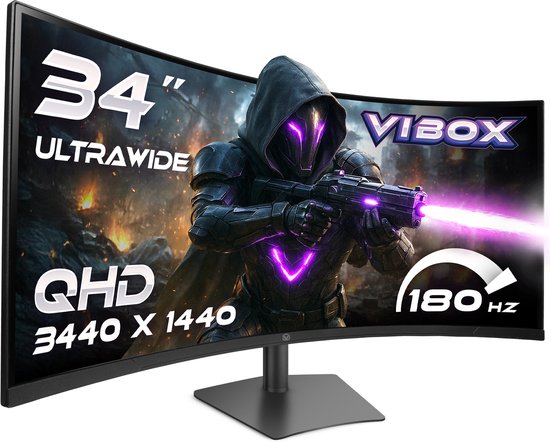 Vibox 34 inch 180Hz Ultrawide Curved Gaming Monitor - UWQHD resolutie, 1ms, Adaptive Sync, HDMI & DisplayPort