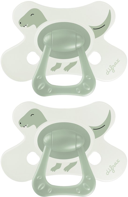 Twee groene fopspenen met dinosaurusprint en groene ring.