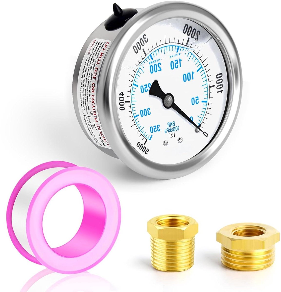 Inovra Plus - Roestvrij Staal Manometer 0-350 Bar (0-5000 PSI) 1/4" BSP 2.5" Gezicht Dial voor Water, Olie, Gas - Achter Centrale Montage