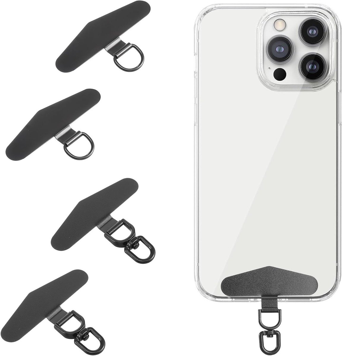 Allecto Plus - 4 stuks universele mobiele telefoonkoorden van roestvrij staal - zwart - polsband voor telefoonhoesjes - robuust & reserveonderdeel - Eén maat
