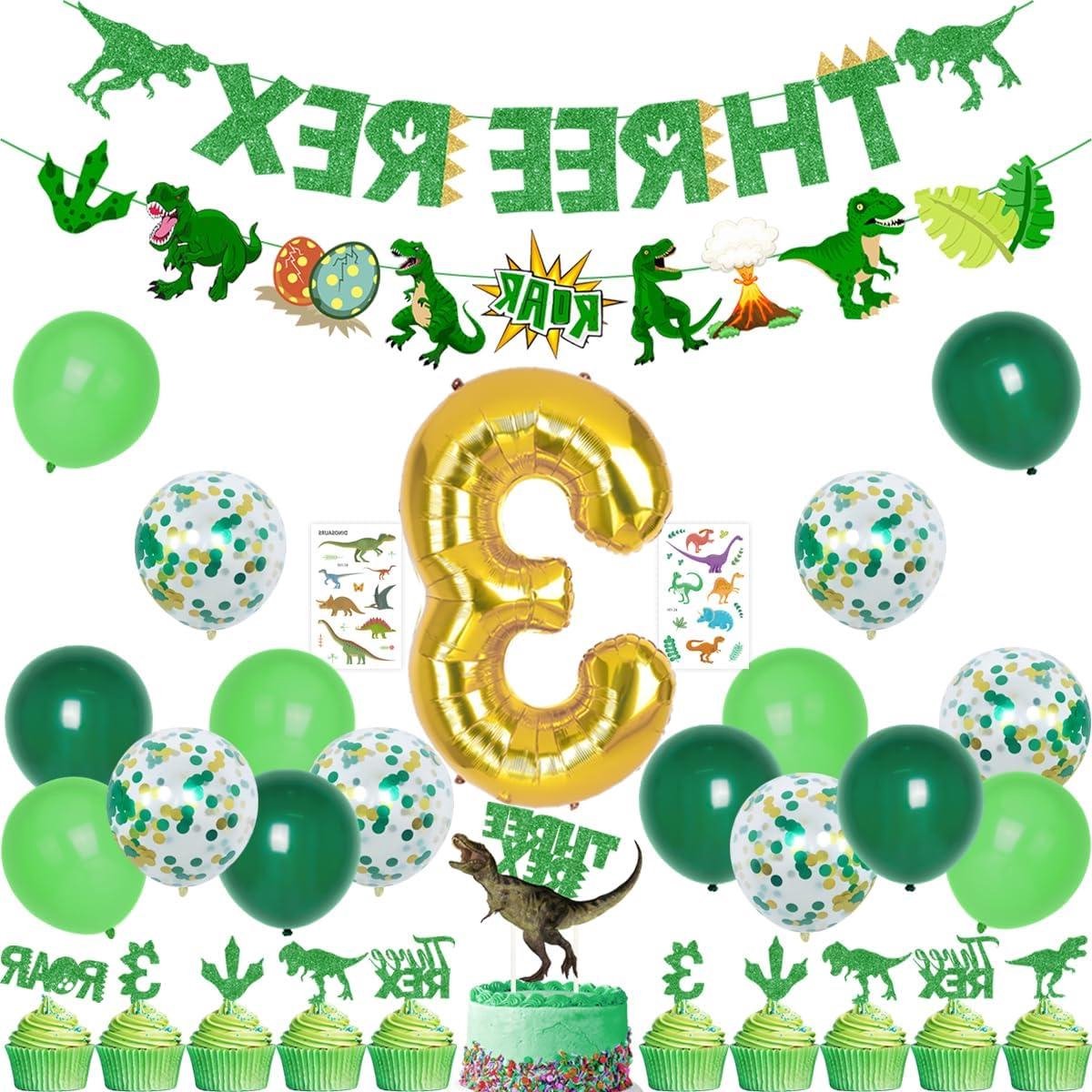 Allecto Plus - Dinosaurus Verjaardagsdecoraties - 3e Verjaardag - Rex Verjaardagsfeest - Drie Rex Banner - Cake & Cupcake Toppers - Ballonnen - Tijdelijke Tattoos - Jongens Meisjes