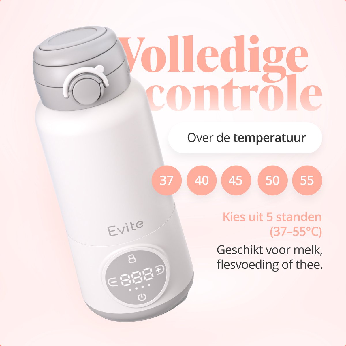 Evite Portable Bottle Warmer - Draagbare Flessenwarmer Onderweg met Borstel - Draadloos & Oplaadbaar - BPA Vrij - USB-C - 13500 mAh - 450ML - Wit thumbnail 4