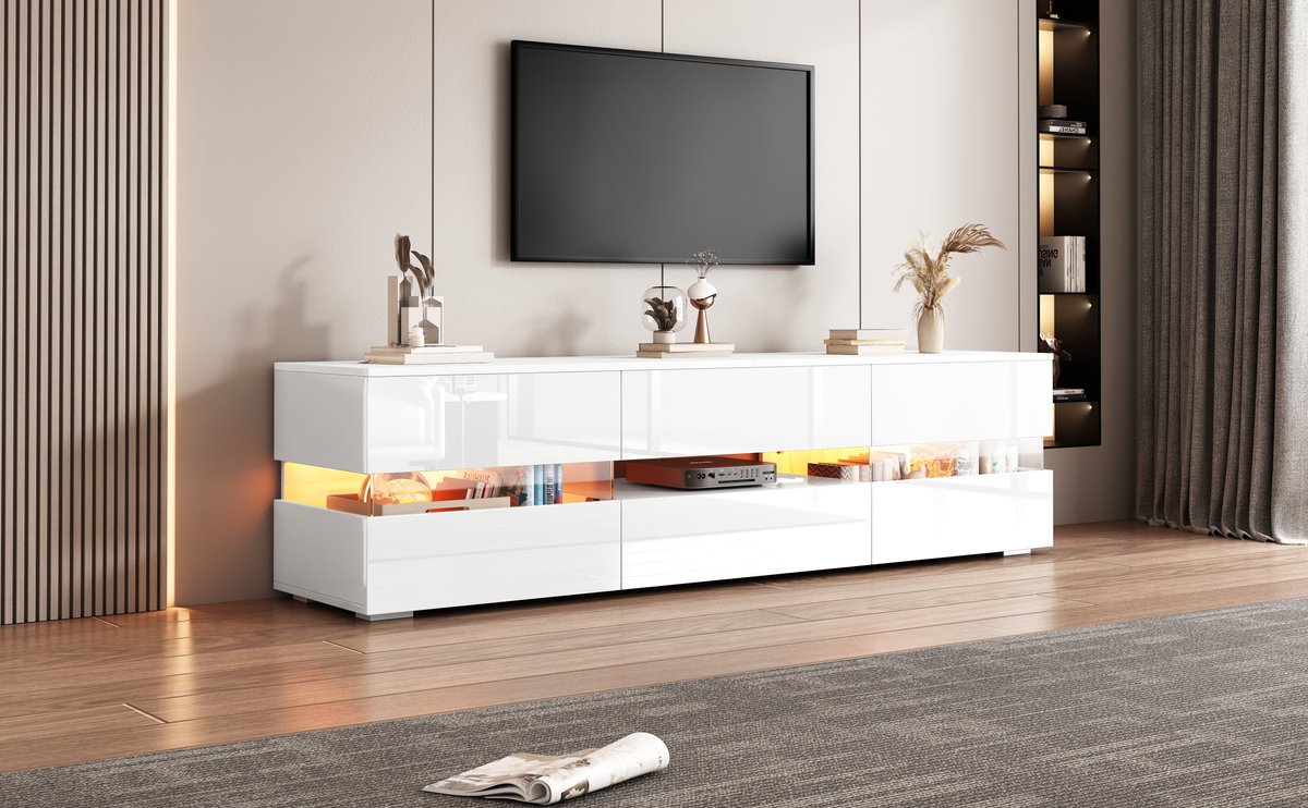 Merax TV-Meubel 160 cm – Hoogglans Wit – LED Verlichting – Push-to-Open Deuren – Tot 70 inch TV's