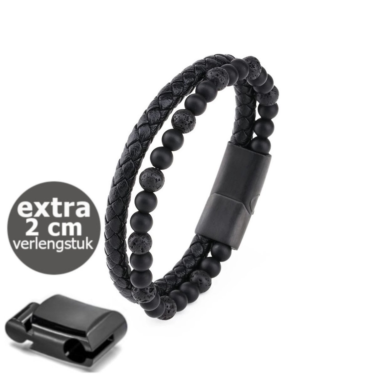 KHRONOX® Armband, Armband Heren, kh03 23 cm ZWART, Natuurstenen, Armbanden, Leren Armband Heren, Leren Armband, Leren Armbanden, Armbandje, Kunstleer, Mannen, Magnetische Sluiting, + 2 CM Verlengstuk, Verjaardag, Vaderdag, Valentijnsdag, Cadeautje