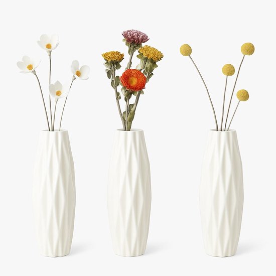 Nordic Living Set van 3 Kunststof Vazen – Moderne Witte Vaas – Minimalistisch Scandinavisch Design – Decoratie voor Woonkamer & Interieur