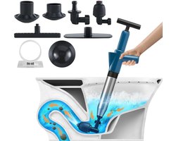 Afvoer ontstopper - Professionele Luchtdruk Pomp Ontstopper - RVS - Wc Ontstopper - 4 Ontstoppingskoppen - Afvoerontstopper voor Gootsteen/Badkuip/Vloerafvoer/Verstopte Leiding - Blauw