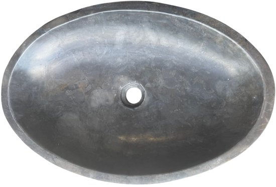 Lavabo ovale en marbre gris, vu de dessus, avec trou d'évacuation.