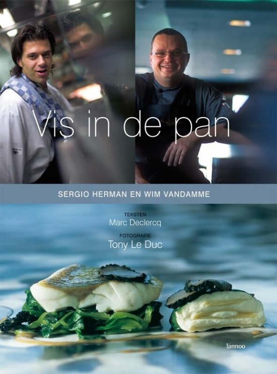 De omslag van het boek 'Vis in de pan' toont twee chefs en twee visgerechten met truffel.