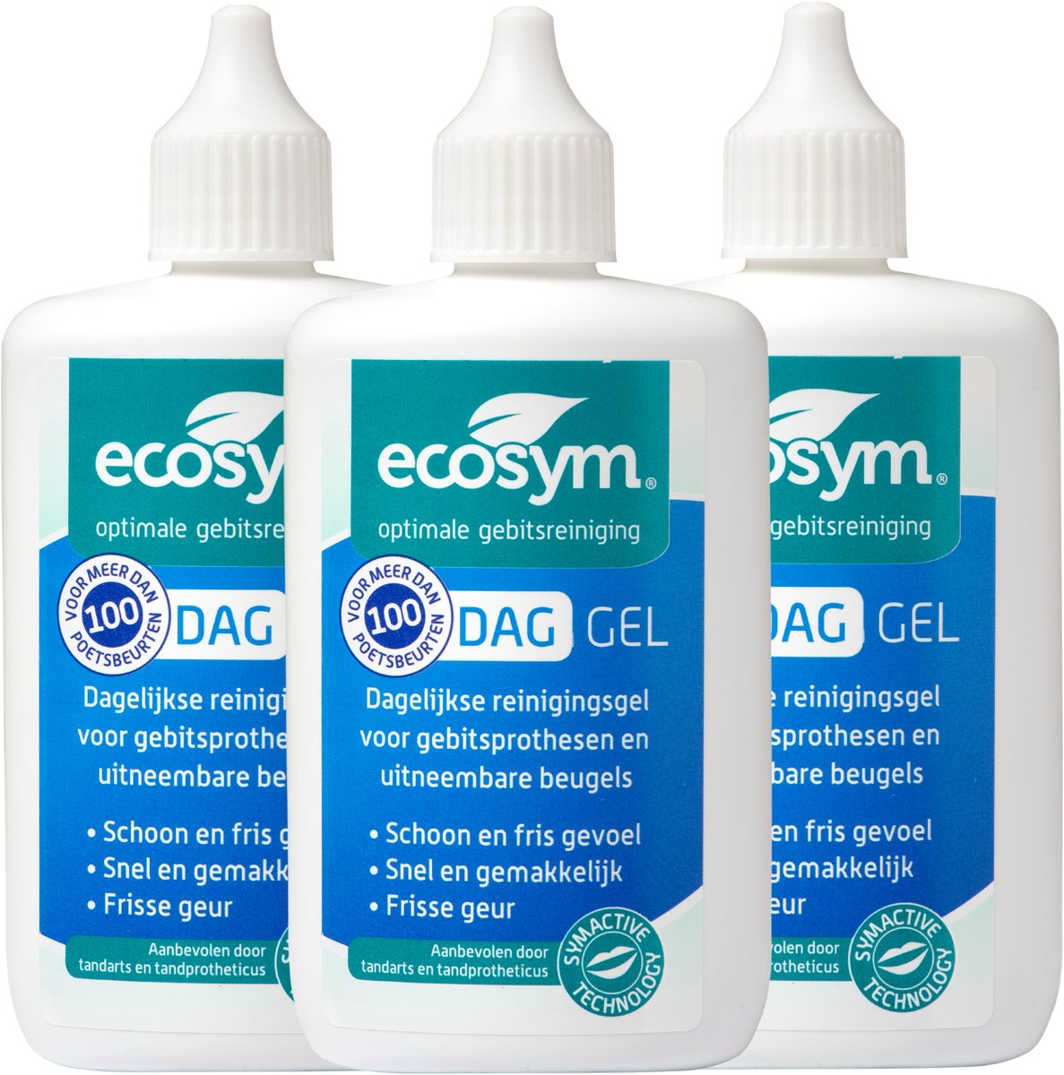 Ecosym Dag Gel - Reiniging van kunstgebit en uitneembare beugel - voor 300 poetsbeurten - 3x 100ml - Voordeelverpakking