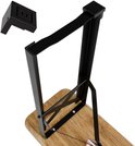 Detail van het zwarte metalen frame van een biertafel met een afneembaar hoekstuk.