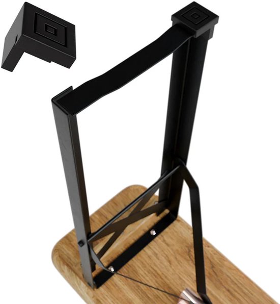 Detail van het zwarte metalen frame van een biertafel met een afneembaar hoekstuk.