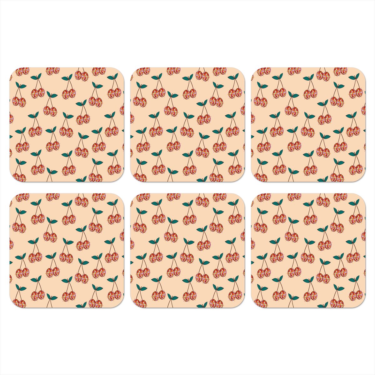 Onderzetters voor glazen - Retro - Disco - Kers - Multi - 10x10 cm - Glasonderzetters - 6 stuks