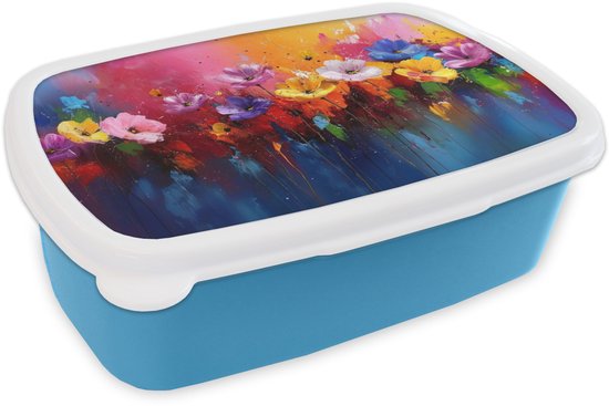 Broodtrommel Blauw - Lunchbox Fantasiebloemen - Verf - Speels - Brooddoos 18x12x6 cm - Brood lunch box - Broodtrommels voor kinderen en volwassenen
