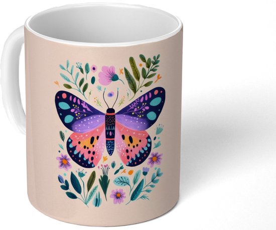 Mok - Koffiemok - Bloemen - Bladeren - Vlinder - Kleurrijk - Mokken - 350 ML - Beker - Koffiemokken - Theemok