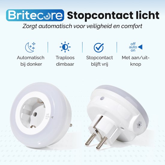 Nachtlampje Stopcontact - 2 Stuks - Dimbaar - Met Dag- en Nachtsensor - Warm Wit Licht - Energiezuinig - Voor Volwassenen, Kinderen, en Baby’s - Britecore van Britecore — afbeelding 4