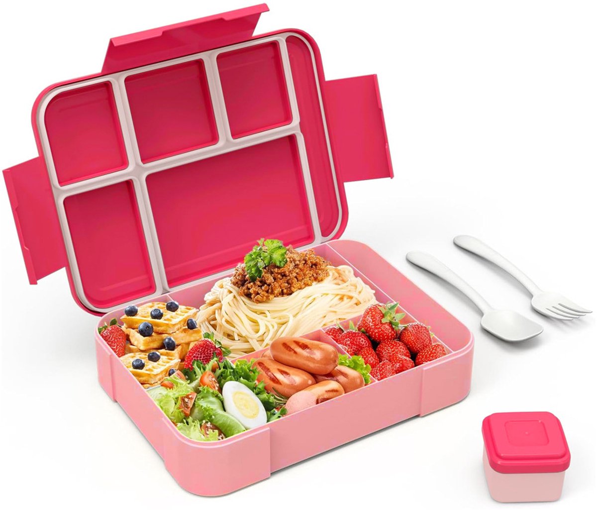 Lunchbox - Bentobox - Lunchbox - Lunchbox voor volwassenen - Lunchbox voor kinderen - Met 5 compartimenten - Duurzaam - Magnetron-/vaatwasserbestendig - Ideaal voor uit eten gaan, werk, school - Roze