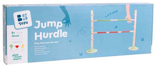 Verpakking van de 'Jump Hurdle' hindernisbaan met gekleurde balken en spelende kinderen.