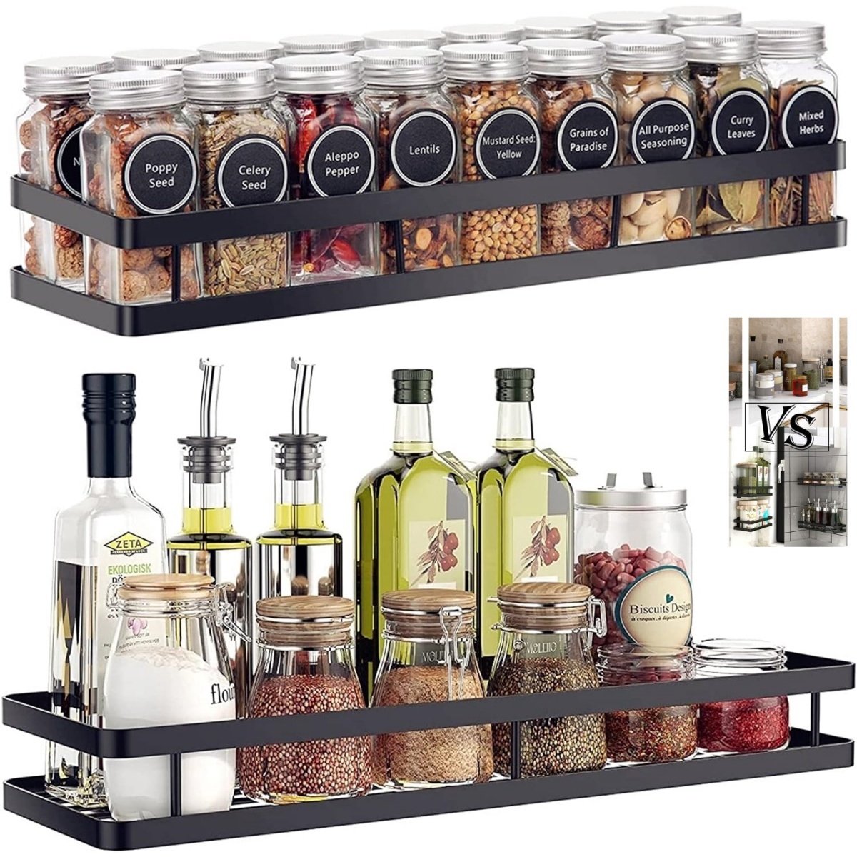 EXCITAT Keukenkruidenrek - Wandgemonteerd kruidenrek - Opbergrek - Ruimtebesparend - Perfect voor keukenorganisatie - 40x12x5,5cm - Zwart - Set van 2