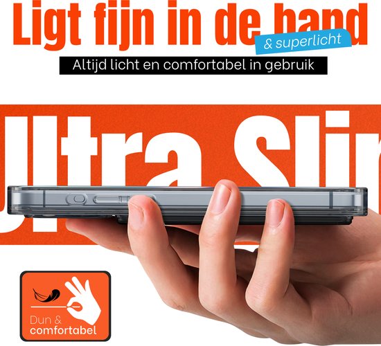 Hand die een dunne, transparante telefoonhoes vasthoudt. "Ligt fijn in de hand & superlicht" staat in de afbeelding.