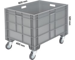 Euronorm bak - Povag - 800x600 mm - 630 mm hoog - Grijs - Kunststof palletbox met wielen - MKP.508.01